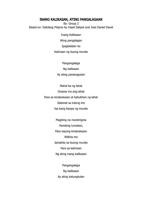 inang kalikasan denr hymn lyrics|As we celebrate Earth Day, we invite you to listen to the DENR .